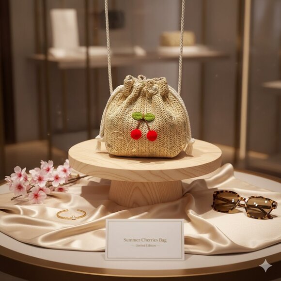 Cherry Braided Straw Drawstring Handbag Purse Tote Bag Mini Backpack All In One - Picture 1 of 5